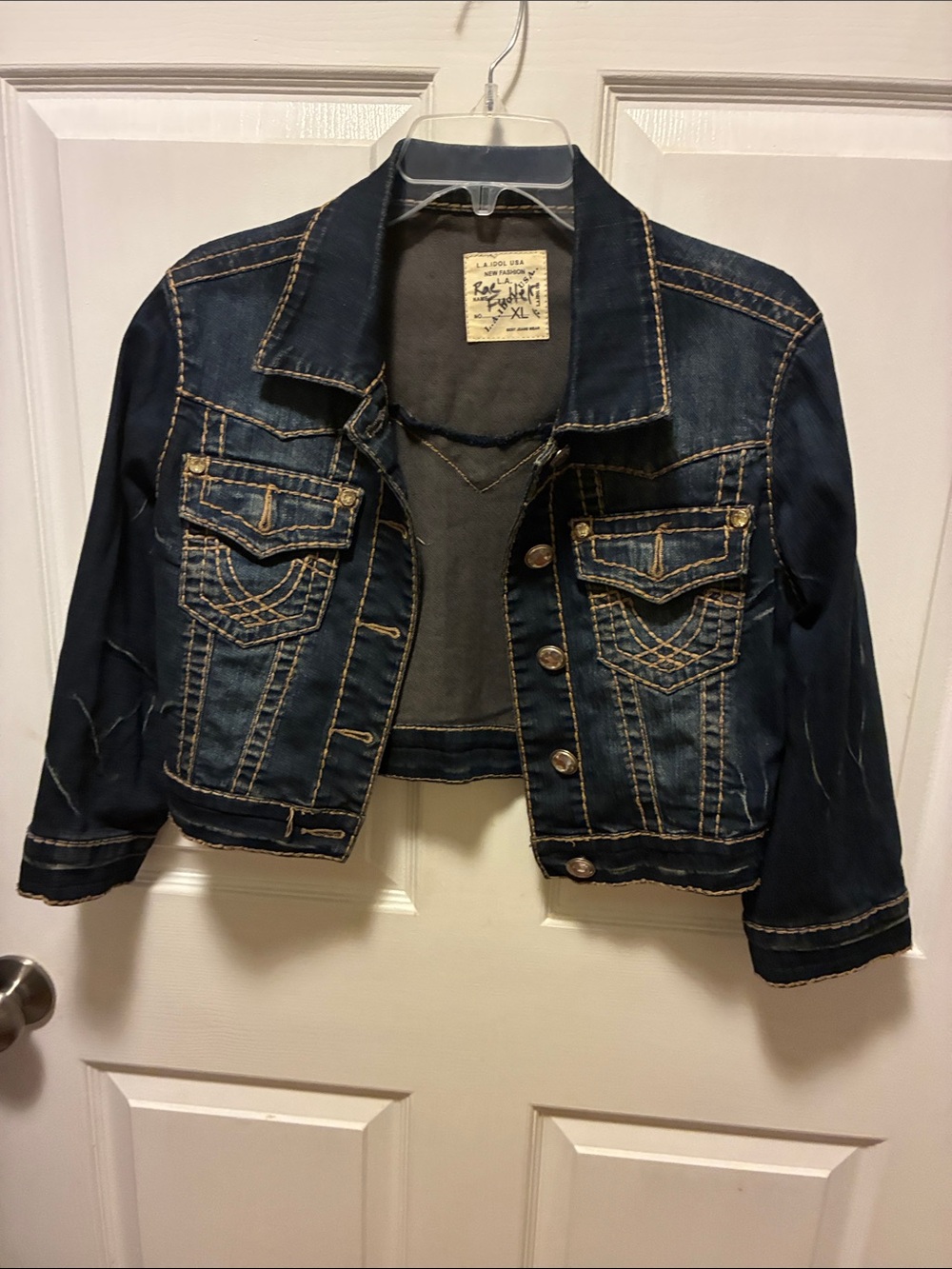 L.A. Idol Classic Dark Blue'Denim Jacket- crop fit w/dual chest flap pockets